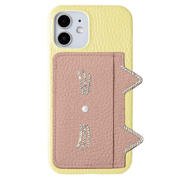 Cuir véritable 32 couleurs Cuir italien grainé Rangement cartes Poche oreilles de chat &amp; décoration pierre faciale Coque arrière Série Galaxy