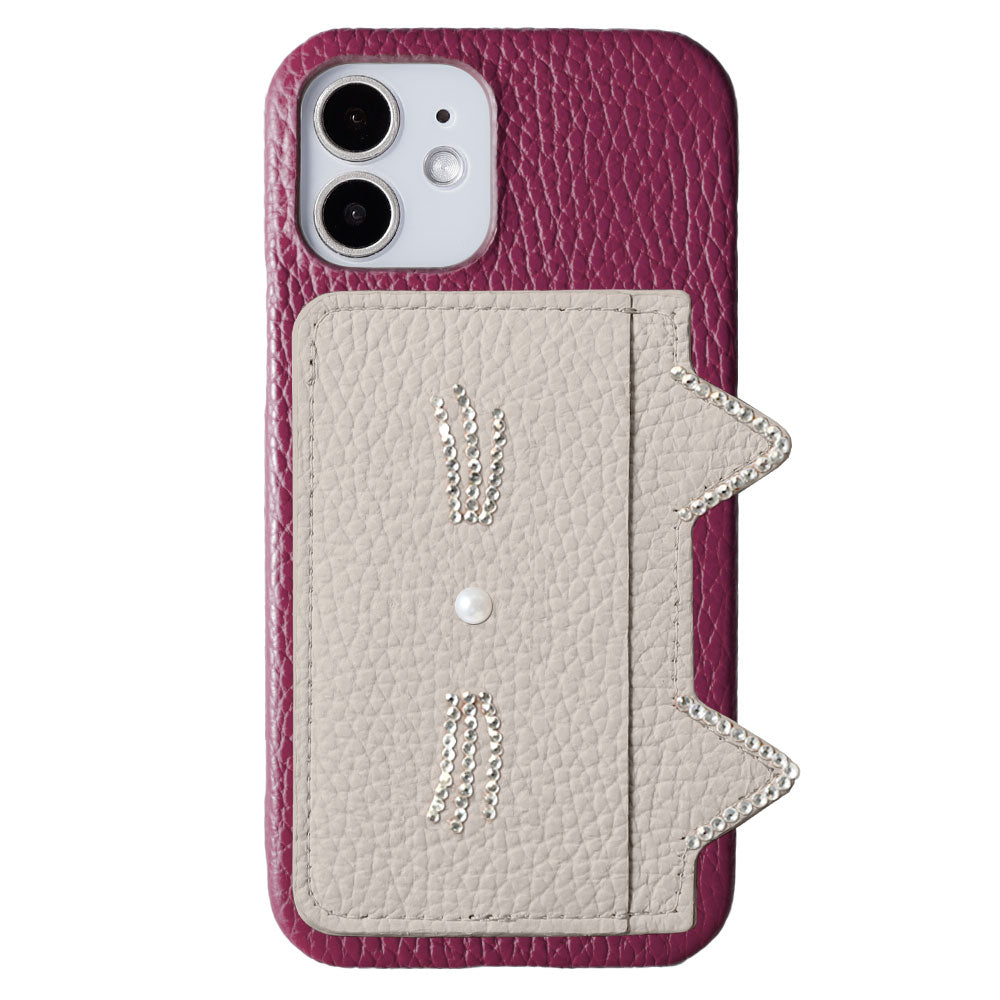 Cuir véritable 32 couleurs Cuir italien grainé Rangement cartes Poche oreilles de chat &amp; décoration pierre faciale Coque arrière Série Galaxy