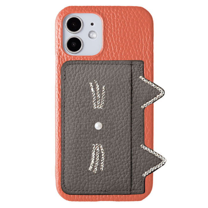 本革 32色 イタリアンシュリンクレザー カード収納 ネコ耳ポケット＆フェイスストーンデコ 背面ケース Xperiaシリーズ