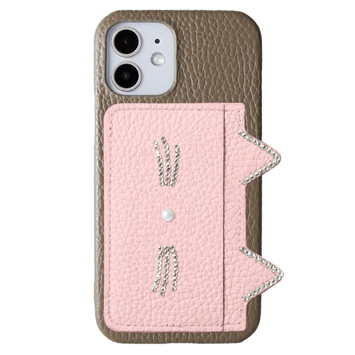 Cuir véritable 32 couleurs Cuir italien grainé Rangement cartes Poche oreilles de chat &amp; décoration pierre faciale Coque arrière Série Galaxy