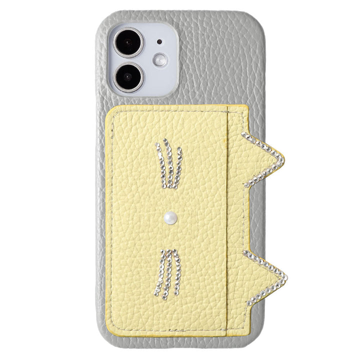 Cuir véritable 32 couleurs Cuir italien grainé Rangement cartes Poche oreilles de chat &amp; décoration pierre faciale Coque arrière Série Galaxy