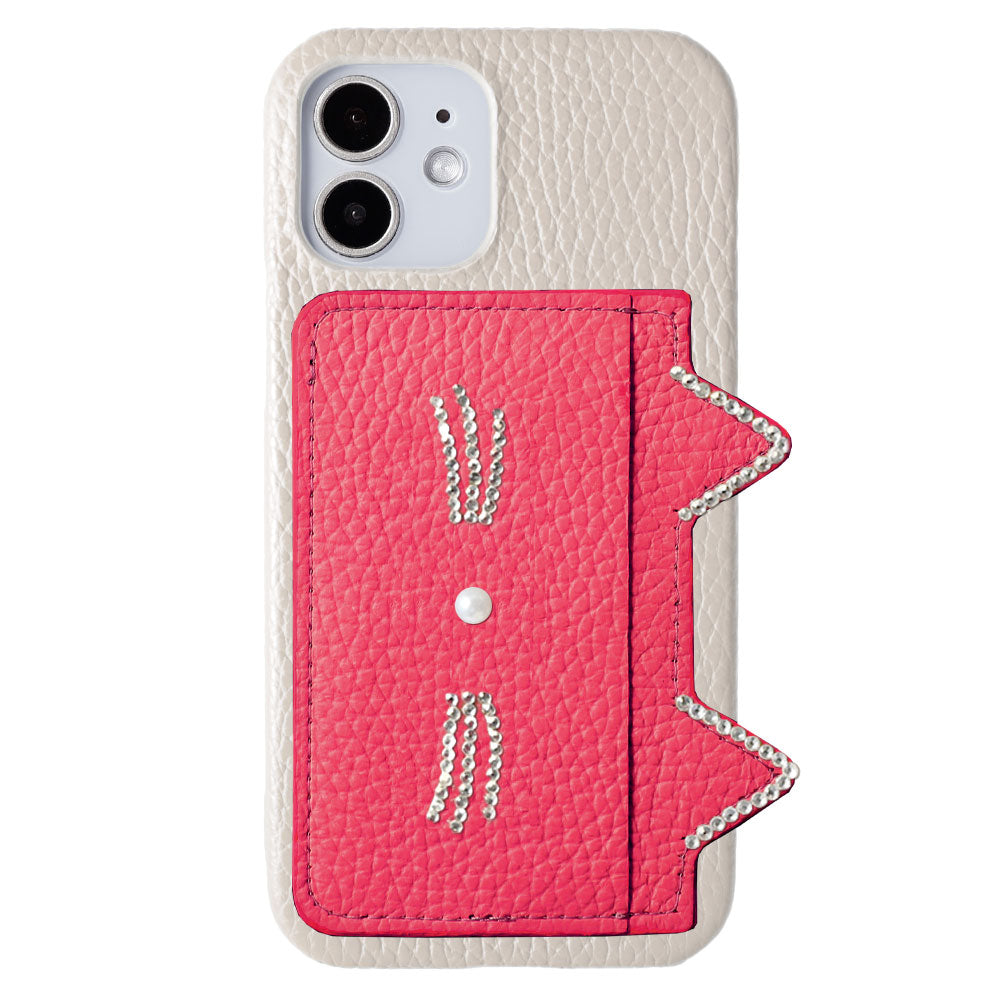 Cuir véritable 32 couleurs Cuir italien grainé Rangement cartes Poche oreilles de chat &amp; décoration pierre faciale Coque arrière Série Galaxy