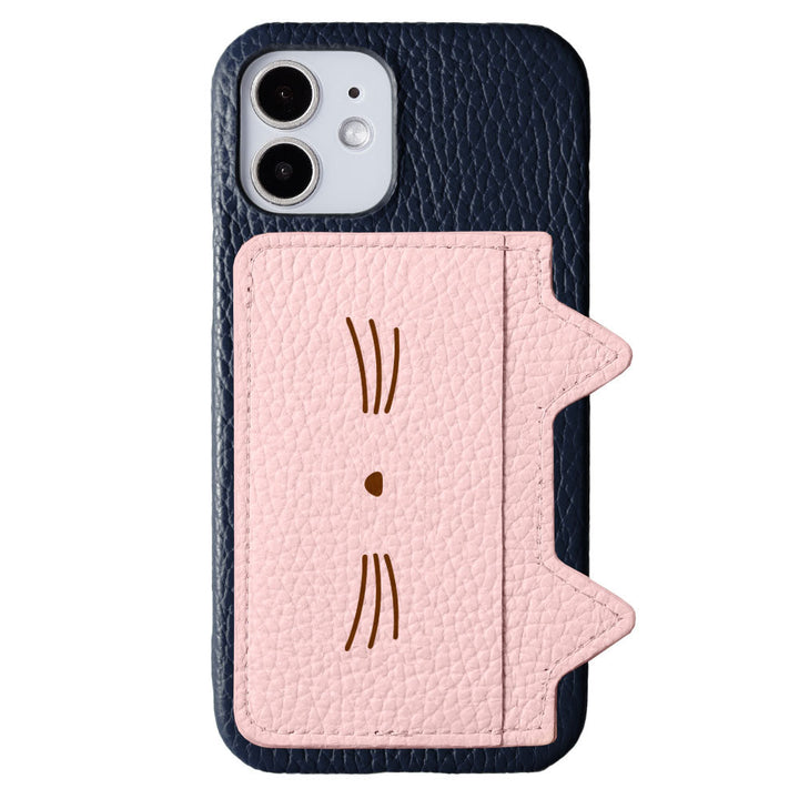本革 32色 イタリアンシュリンクレザー カード収納 ネコ耳ポケット＆フェイスプリント 背面ケース iPhoneシリーズ