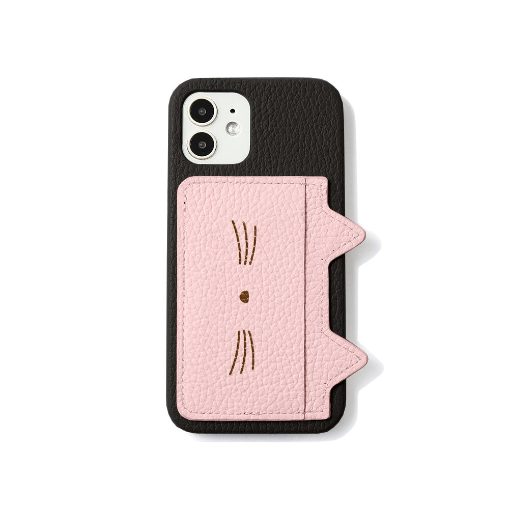 本革 32色 イタリアンシュリンクレザー カード収納 ネコ耳ポケット＆フェイスプリント 背面ケース iPhoneシリーズ