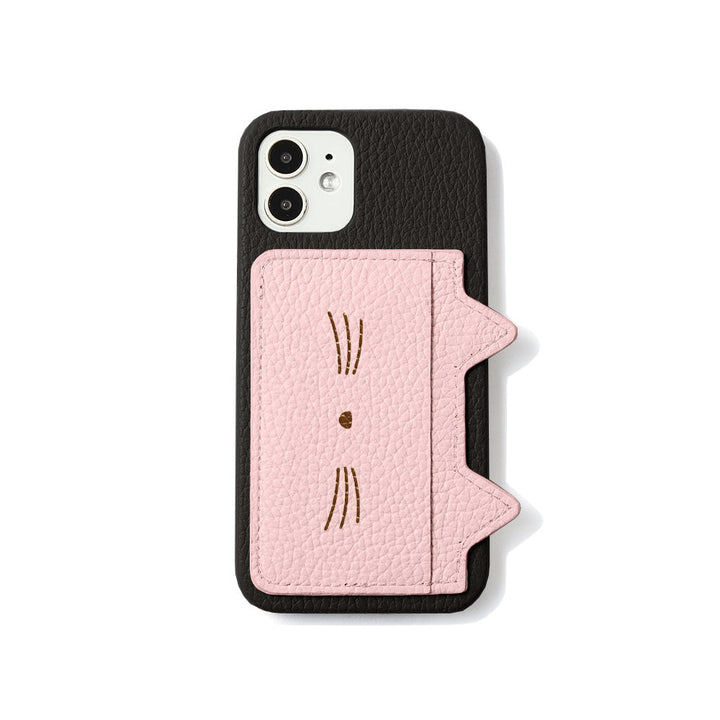 本革 32色 イタリアンシュリンクレザー カード収納 ネコ耳ポケット＆フェイスプリント 背面ケース iPhoneシリーズ