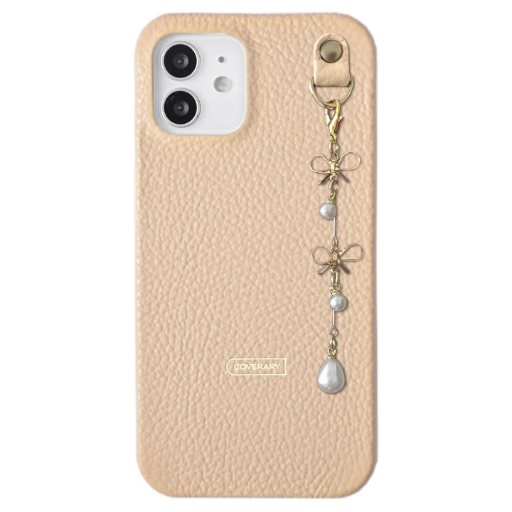 Genuine leather 32 colors Italian shrink leather double pearl & ribbon charm back case