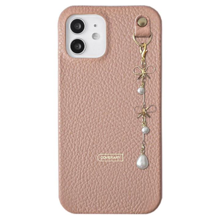 Genuine leather 32 colors Italian shrink leather double pearl & ribbon charm back case