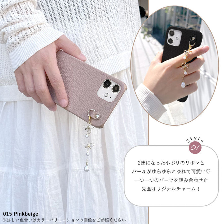本革 32色 イタリアンシュリンクレザー 二連パール＆リボンチャーム 背面ケース iPhoneシリーズ