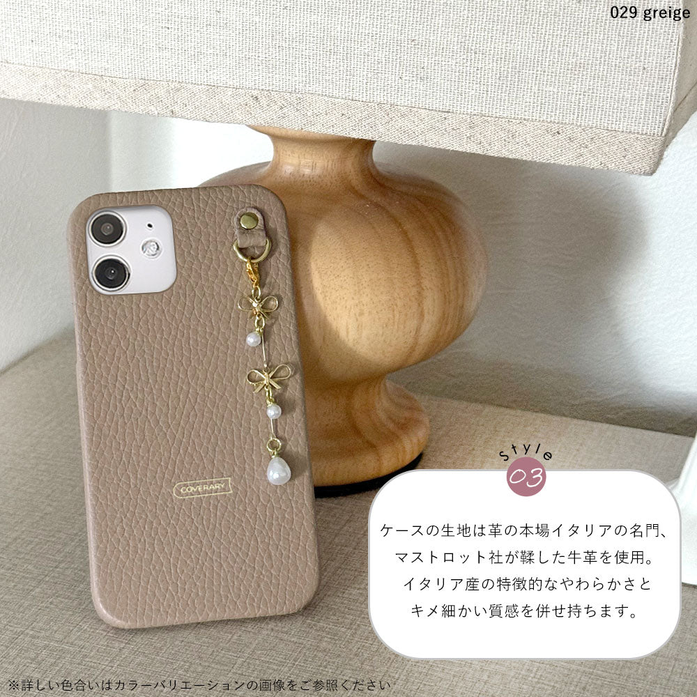 本革 32色 イタリアンシュリンクレザー 二連パール＆リボンチャーム 背面ケース Galaxyシリーズ