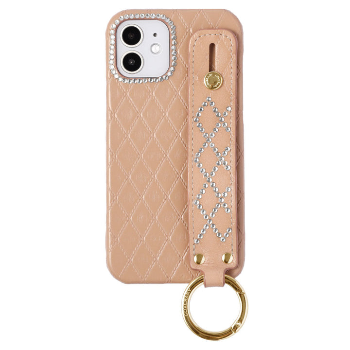 Genuine leather quilted leather stone decoration with hand belt back case for iPhone series