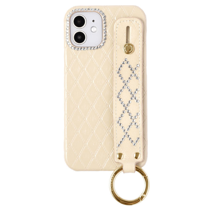 Genuine leather quilted leather stone decoration with hand belt back case for iPhone series
