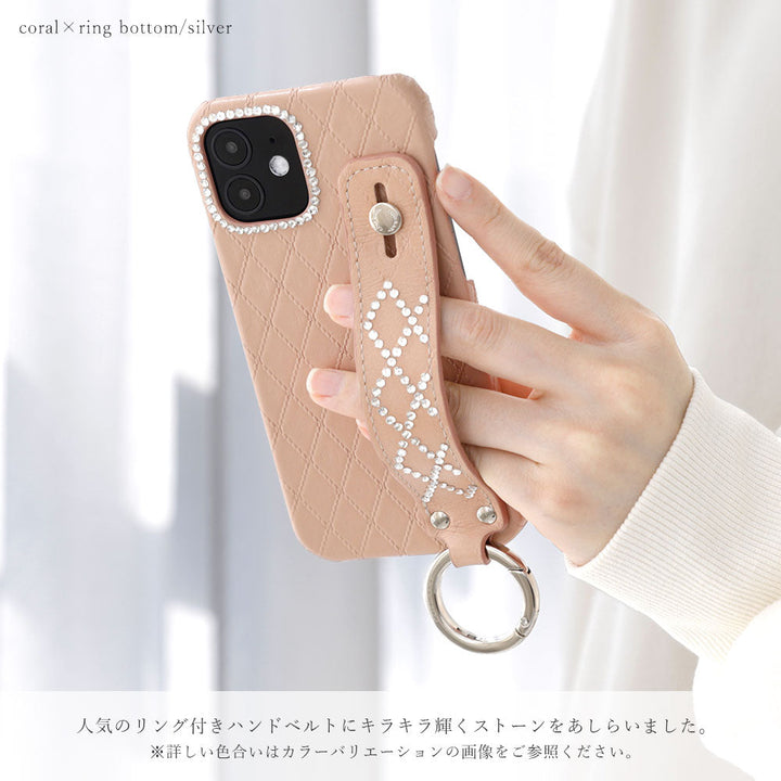 Genuine leather quilted leather stone decoration with hand belt back case for iPhone series