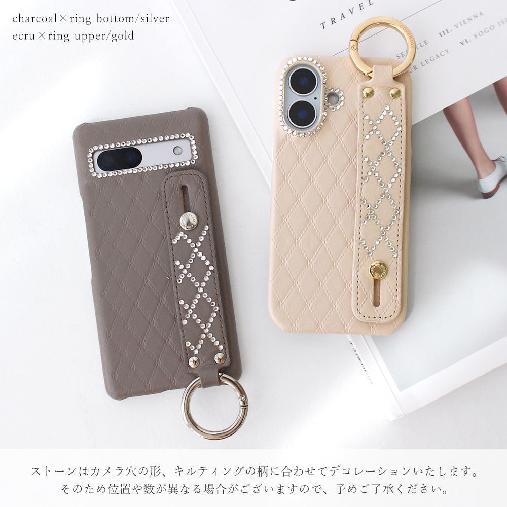 本革 キルティングレザー ストーンデコ ハンドベルト付き 背面ケース Galaxyシリーズ