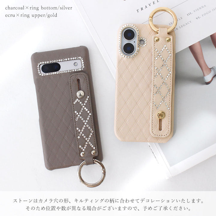 本革 キルティングレザー ストーンデコ ハンドベルト付き 背面ケース Galaxyシリーズ