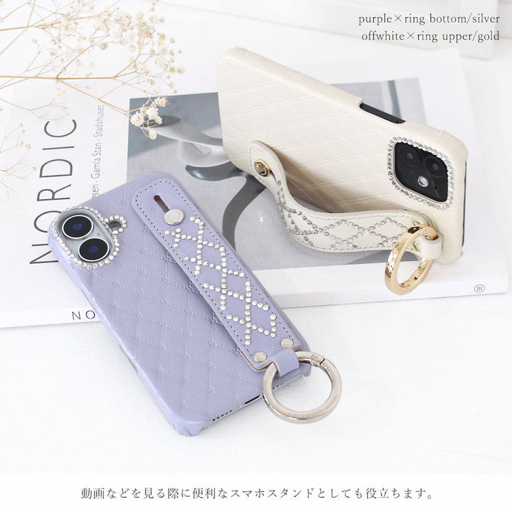 Genuine leather quilted leather stone decoration with hand belt back case for iPhone series