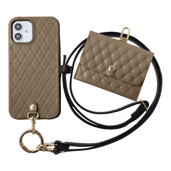 キルティングレザー 本革 3点セットA アクセサリーケース&リングショルダーストラップ付き 背面ケース iPhoneシリーズ