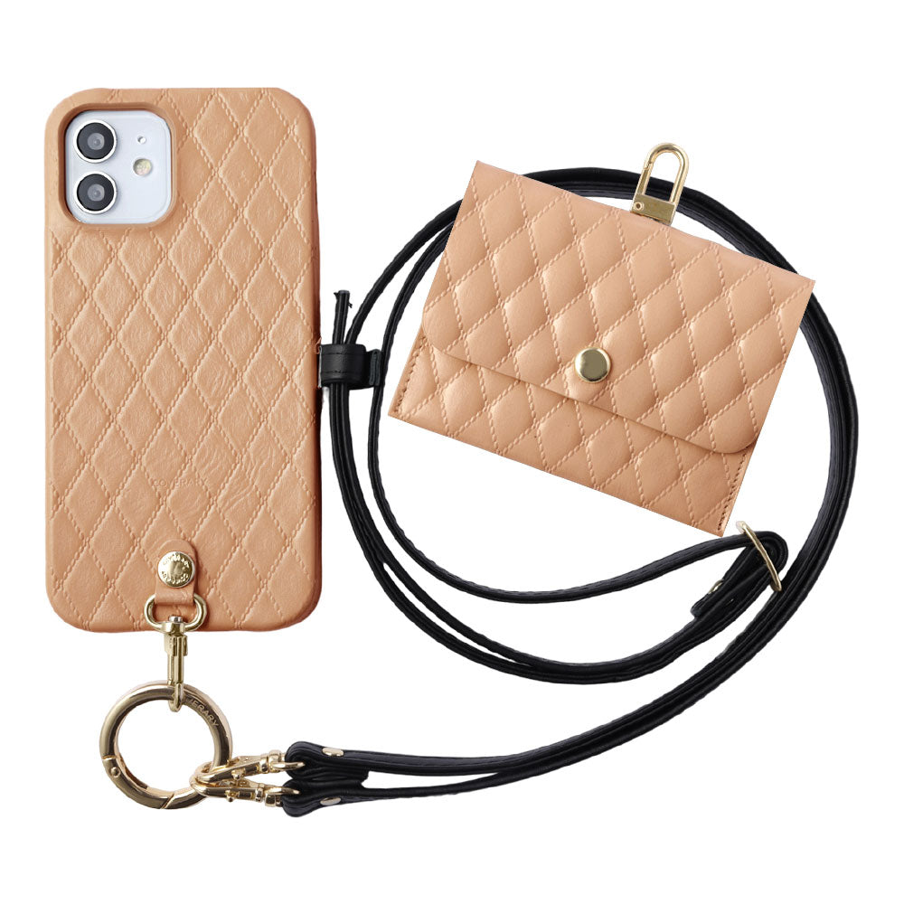 キルティングレザー 本革 3点セットA アクセサリーケース&リングショルダーストラップ付き 背面ケース iPhoneシリーズ