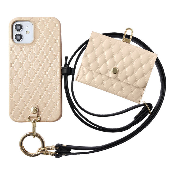 キルティングレザー 本革 3点セットA アクセサリーケース&リングショルダーストラップ付き 背面ケース iPhoneシリーズ