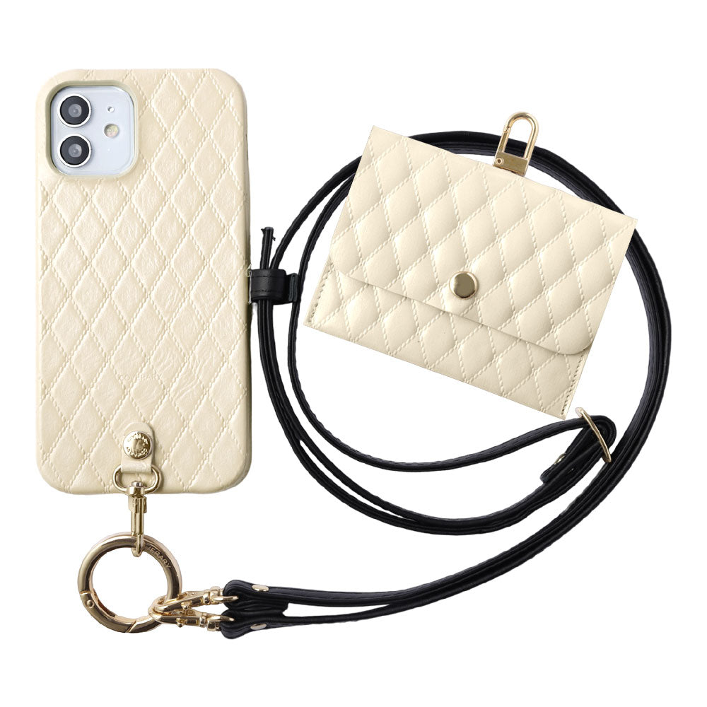 キルティングレザー 本革 3点セットA アクセサリーケース&リングショルダーストラップ付き 背面ケース iPhoneシリーズ