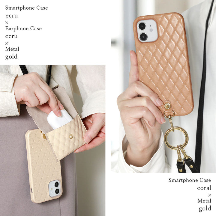 キルティングレザー 本革 3点セットA アクセサリーケース&リングショルダーストラップ付き 背面ケース iPhoneシリーズ