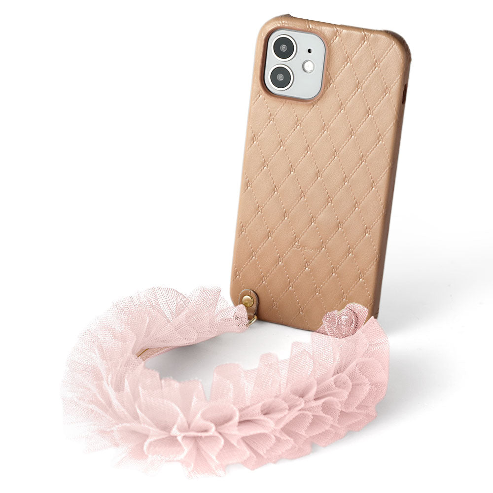 本革 キルティングレザー チュールショートストラップ付き 背面ケース iPhoneシリーズ