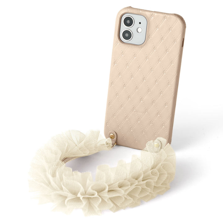Genuine leather quilted leather back case with tulle short strap