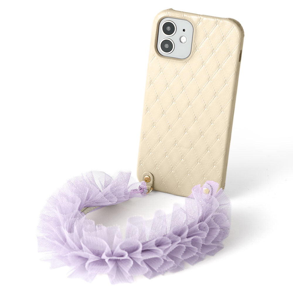 Genuine leather quilted leather back case with tulle short strap