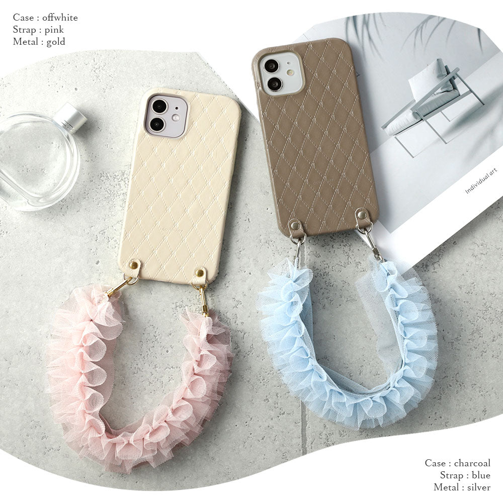 Genuine leather quilted leather back case with tulle short strap