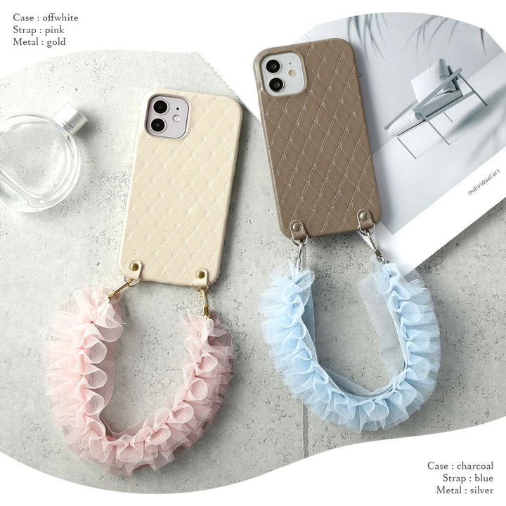 Genuine leather quilted leather back case with tulle short strap