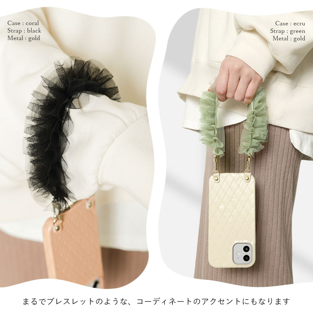 本革 キルティングレザー チュールショートストラップ付き 背面ケース Galaxyシリーズ