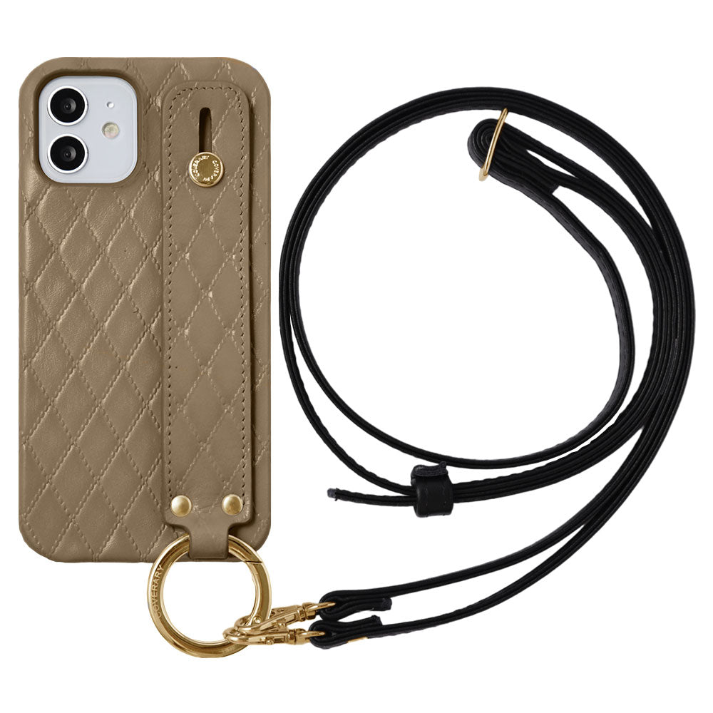 本革 キルティングレザー ハンドベルト＆ショルダーストラップ付き 背面ケース iPhoneシリーズ