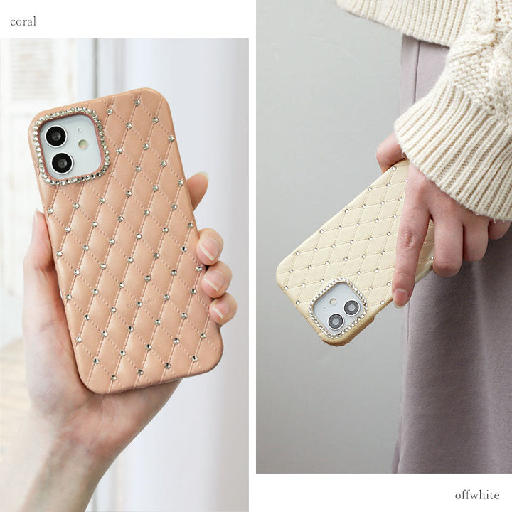 Coque arrière en cuir véritable matelassé avec décoration en pierre pour la série Galaxy