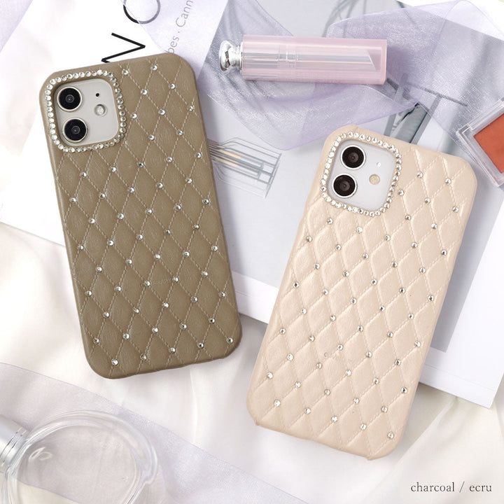 Coque arrière en cuir véritable matelassé avec décoration en pierre pour la série Galaxy