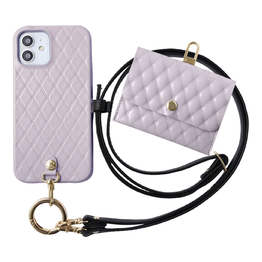 キルティングレザー 本革 3点セットA アクセサリーケース&リングショルダーストラップ付き 背面ケース iPhoneシリーズ