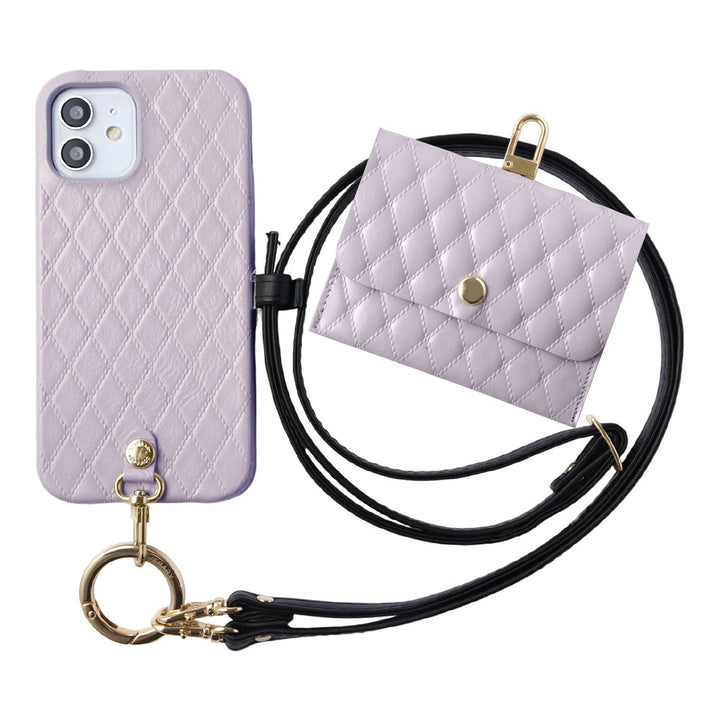 キルティングレザー 本革 3点セットA アクセサリーケース&リングショルダーストラップ付き 背面ケース iPhoneシリーズ