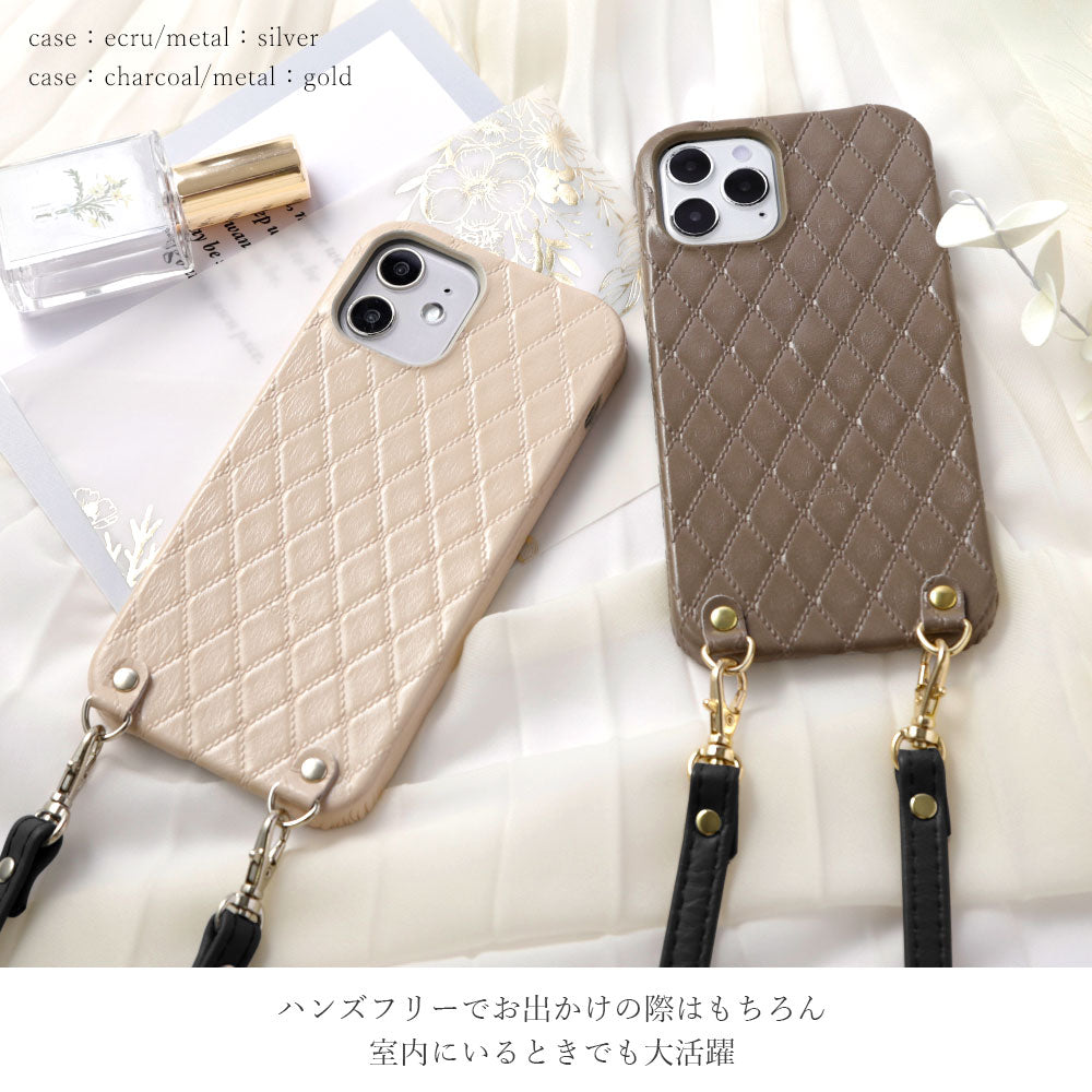 本革 キルティングレザー ショルダーストラップ付き 背面ケース