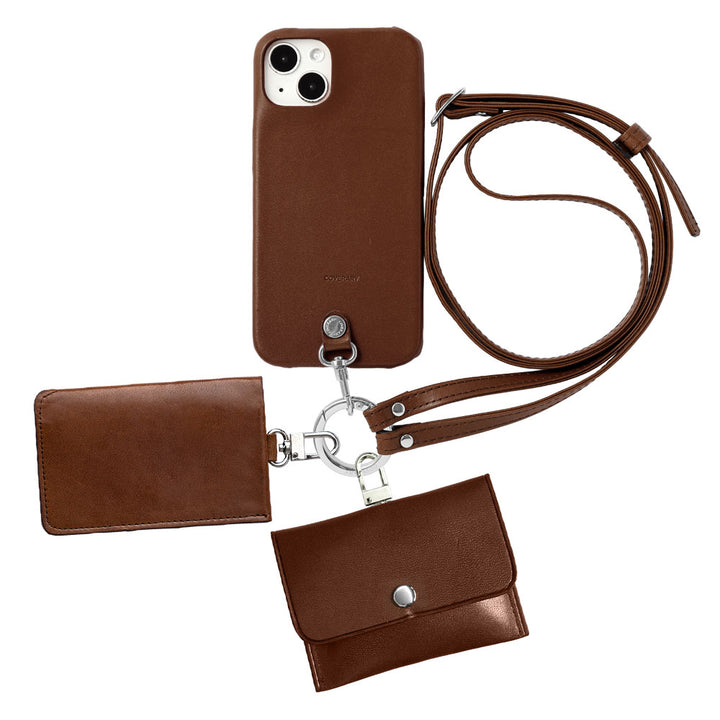 Genuine Leather Tochigi Leather 4-Piece Set A Earphone Case Card Case with Shoulder Strap Back Case