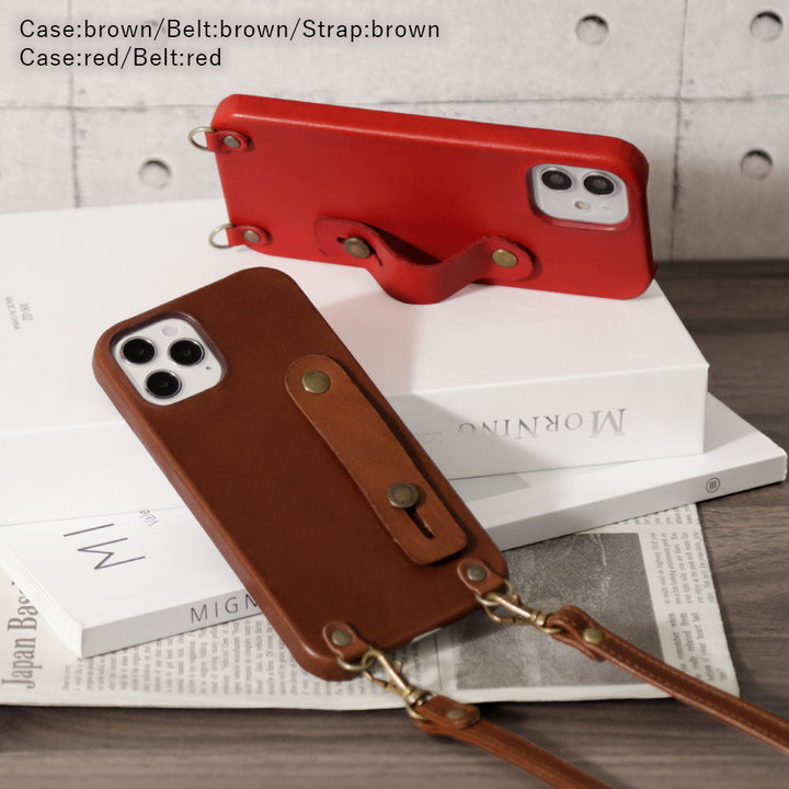 本革 栃木レザー フィンガーベルト&ショルダーストラップ付き 背面ケース iPhoneシリーズ