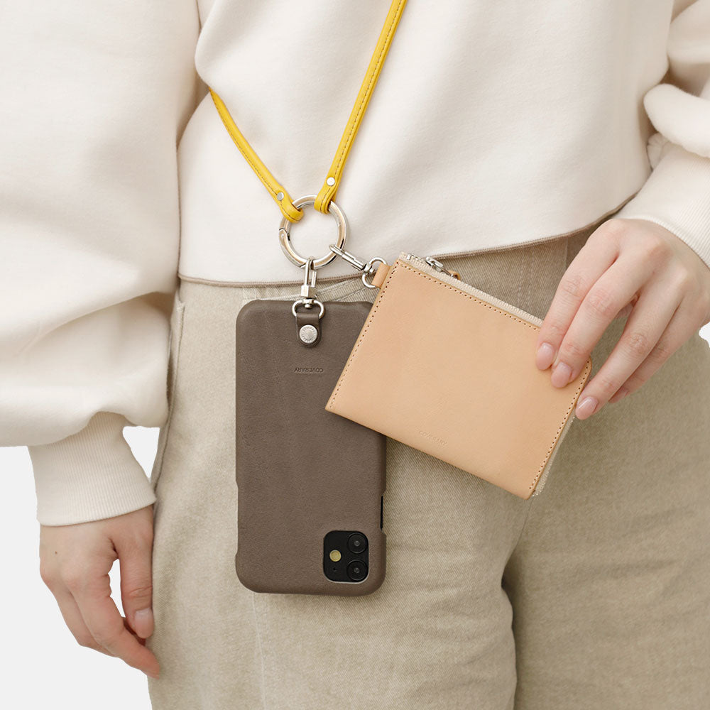 本革 栃木レザー 3点セットC ミニウォレット & リングショルダーストラップ（金具あり）付き 背面ケース iPhoneシリーズ