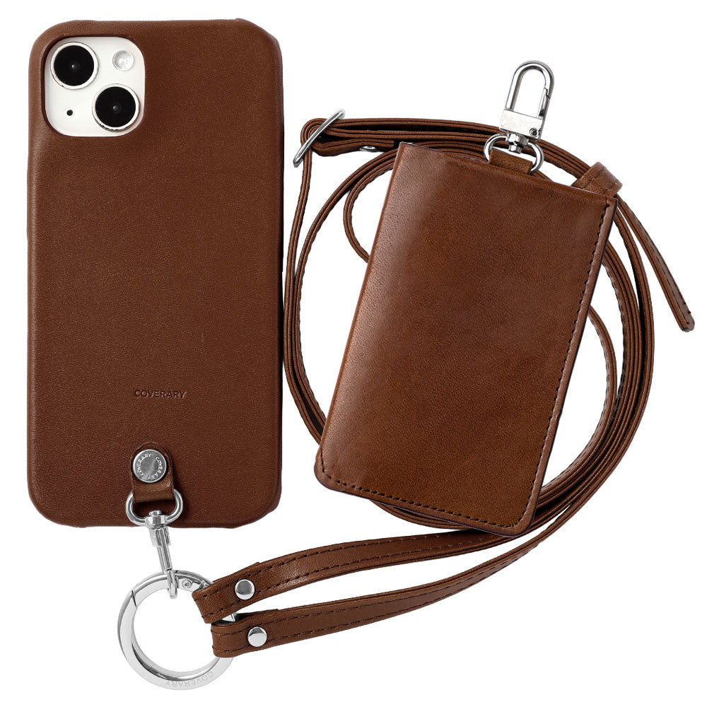 Genuine Leather Tochigi Leather 3-Piece Set B with Card Case &amp; Ring Shoulder Strap Back Case for iPhone Series