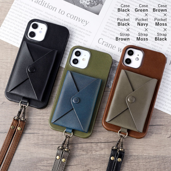 本革 栃木レザー 蓋ありポケット ショルダーストラップ付き 背面ケース iPhoneシリーズ