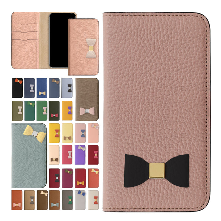 自分でデザイン ワンポイントリボンデコ 手帳型ケース 本革 32色 イタリアンシュリンクレザー
