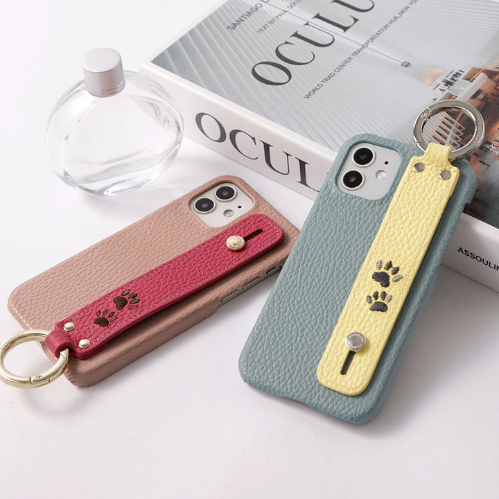 本革 32色 イタリアンシュリンクレザー 肉球刺繍デザイン ハンドベルト付き 背面ケース