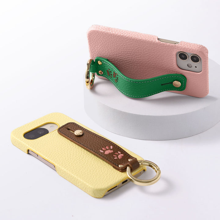 本革 32色 イタリアンシュリンクレザー 肉球刺繍デザイン ハンドベルト付き 背面ケース