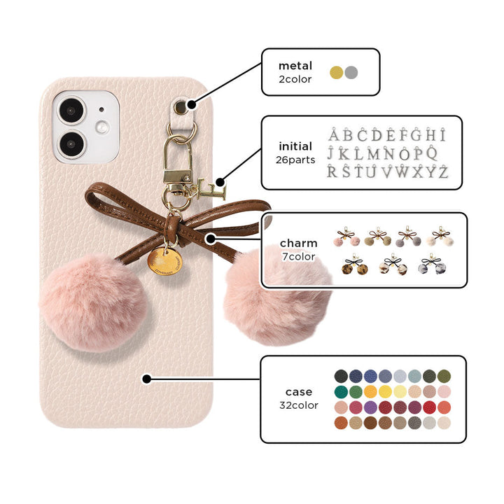Cuir véritable 32 couleurs Cuir italien grainé Initiales Charm ruban en fourrure avec lacet en cuir Coque arrière pour la série Google Pixel