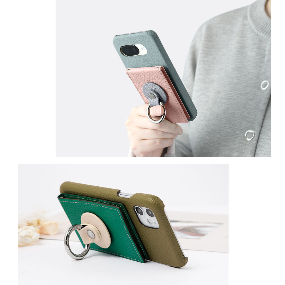 本革 32色 イタリアンシュリンクレザー ミラー＆スマホリング付き 背面ケース iPhoneシリーズ