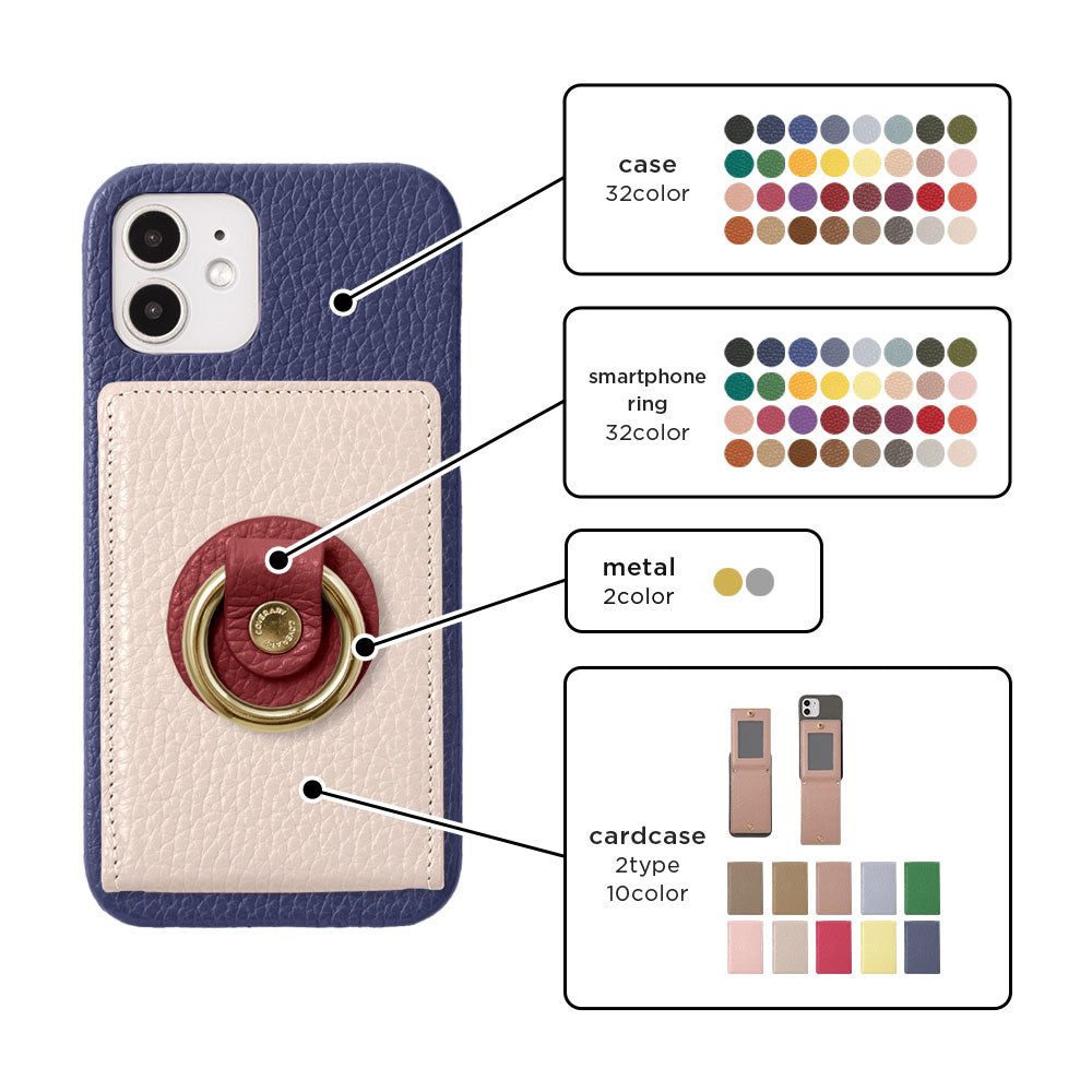 本革 32色 イタリアンシュリンクレザー ミラー＆スマホリング付き 背面ケース iPhoneシリーズ