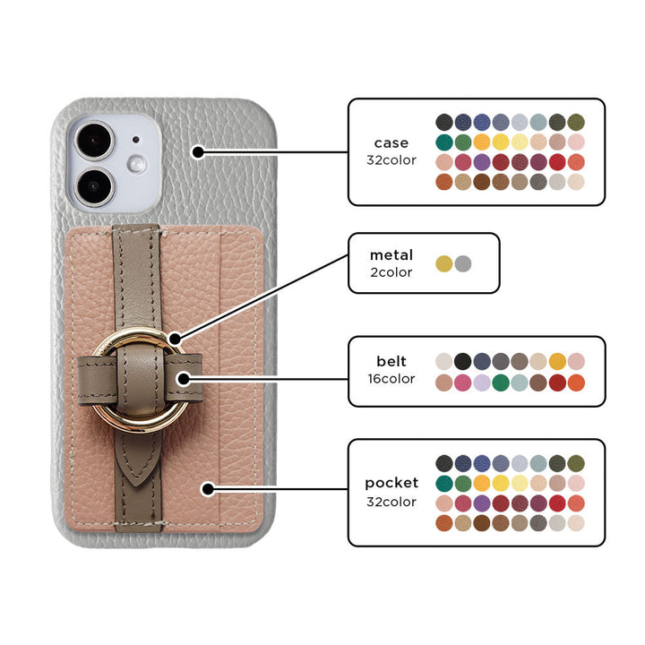 Genuine leather 32 colors Italian shrink leather Magsafe compatible card storage with ring buckle belt back case AQUOS series