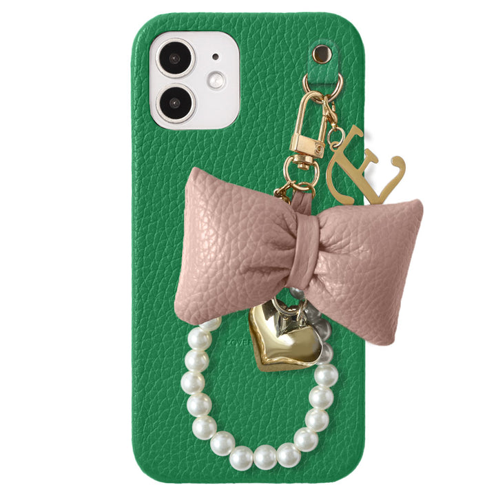 Genuine Leather 32 Colors Italian Shrink Leather Padded Ribbon Initial Pearl Charm Back Case