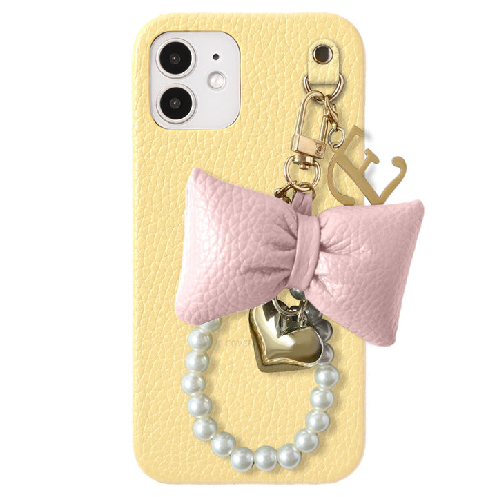 Genuine Leather 32 Colors Italian Shrink Leather Padded Ribbon Initial Pearl Charm Back Case